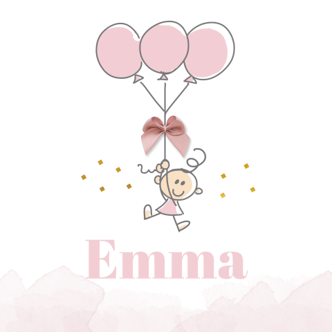 Schattige babykaart met meisje, ballonnen en optioneel écht strikje