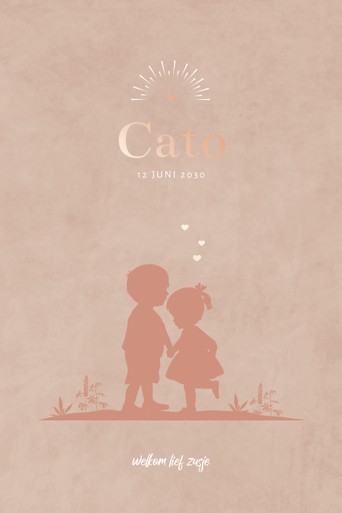 Schattig roségoudfolie babykaartje met silhouet van zusje met broer