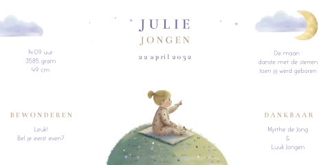 Lief geboortekaartje in theatervouw met meisje en maan