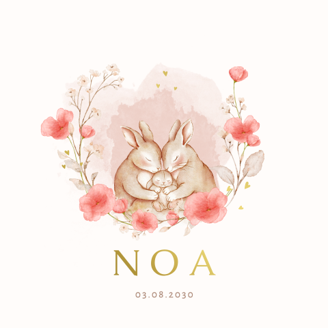 Geboortekaartje met konijnen familie en hun baby in watercolor