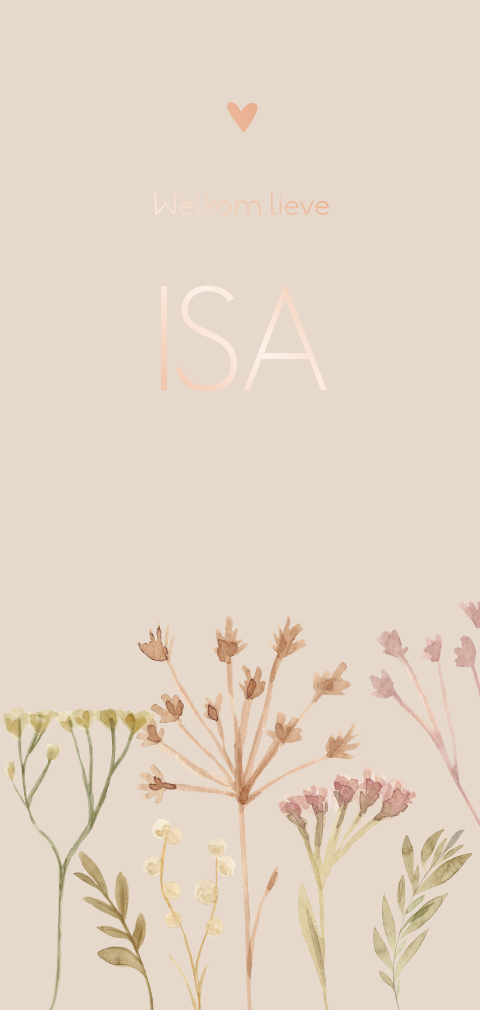 Trendy roségoudfolie geboortekaartje voor een meisje met droogbloemetjes