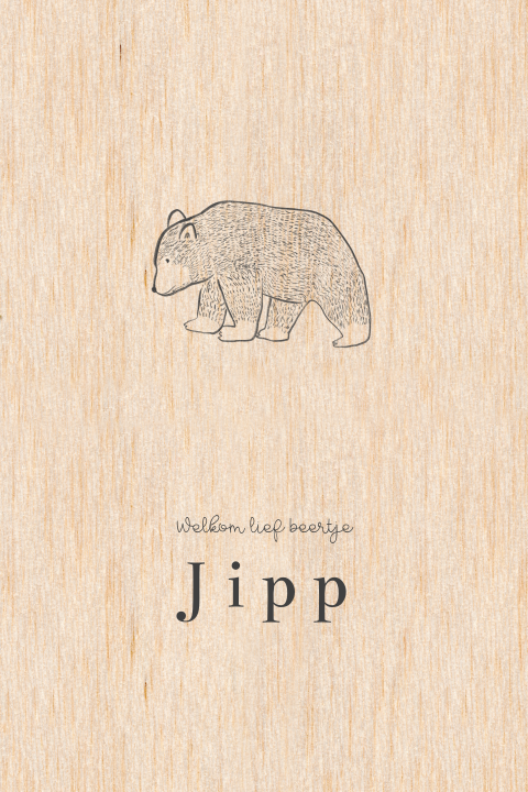 Echt houten geboortekaart met pentekening beertje