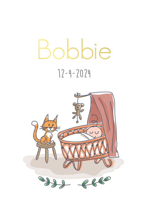 Lief goudfolie geboortekaartje voor meisje met wiegje en poes