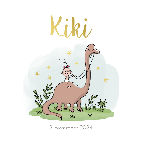 Avontuurlijk geboortekaartje met dino, watercolour en goudfolie