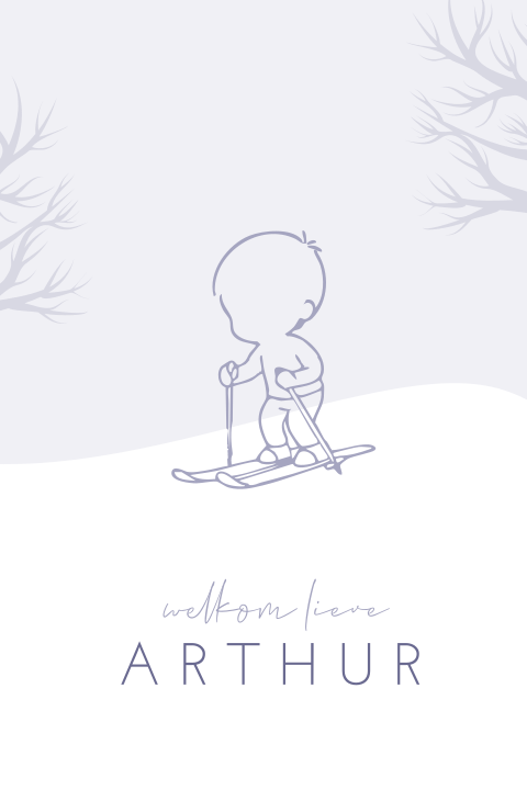 Winters geboortekaartje met jongetje op ski's