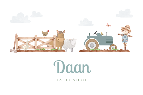 Rondhoek geboortekaartje met boerderij thema
