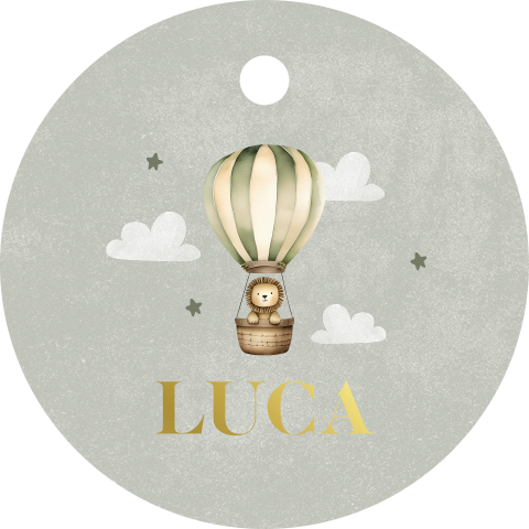 Label cirkel groen met luchtballon en leeuwtje