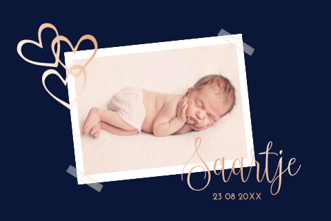 Lief geboortekaartje meisje met foto en roségoudfolie