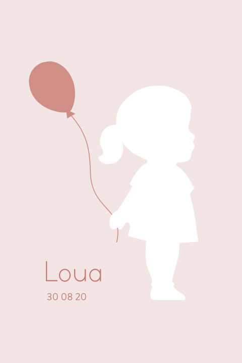 Roze geboortekaartje meisje met ballon en uitsnede van silhouetje