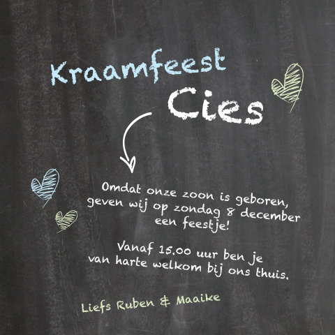 Hippe kraamfeest uitnodiging voor een jongen met krijtbord