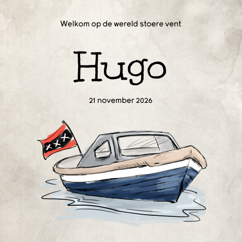 Vintage geboortekaartje Amsterdams bootje