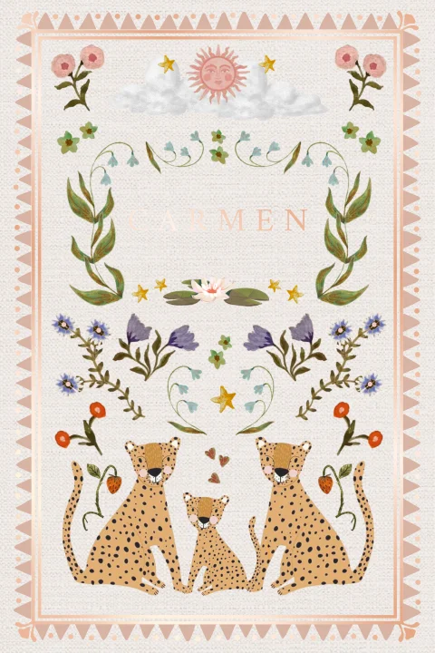 Bohemian geboortekaartje met panters en roségoudfolie