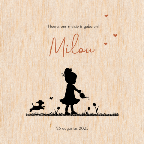 Lief geboortekaartje voor meisje echt hout met silhouet