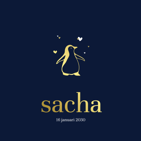 Winter geboortekaartje met goudfolie pinguïn