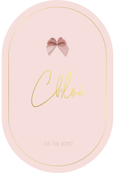 Ovaal geboortekaartje meisje met goudfolie en optioneel écht strikje