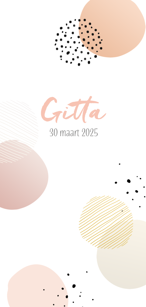 Hippe geboortekaart met vrolijke cirkels stipjes en streepjes in peach