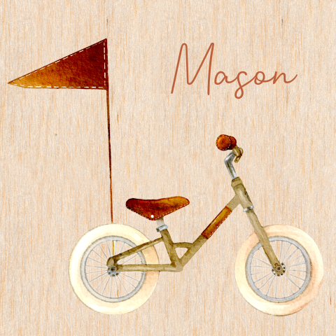 Echt houten geboortekaartje unisex met waterverf fiets