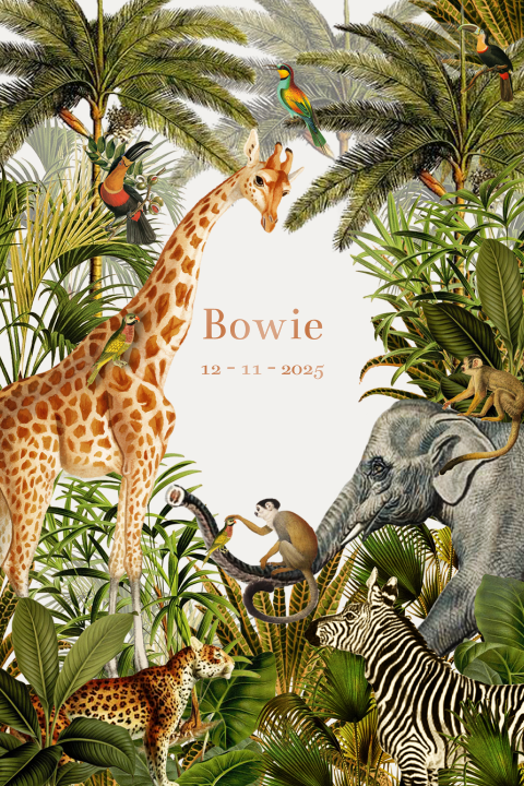 Avontuurlijk unisex geboortekaartje met jungledieren en hoogglans