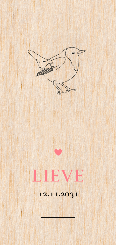 Houten geboortekaartje met lijntekening van roodborstje voor dochter