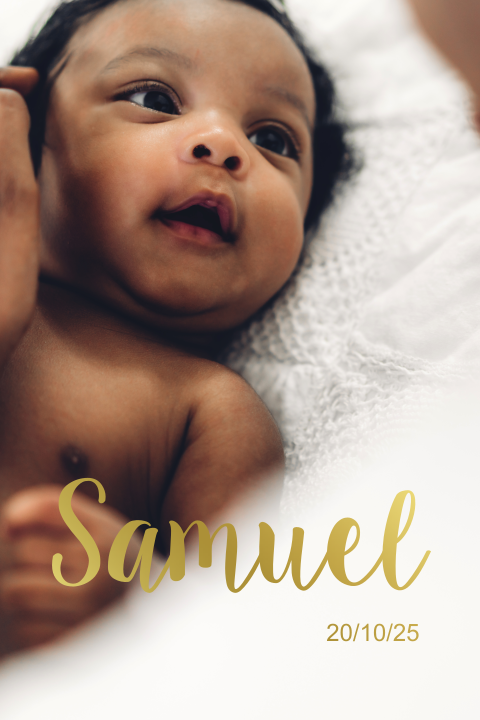Goudfolie geboortekaartje jongen met achtergrondfoto