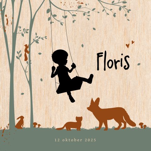 Hip houten geboortekaartje met jongen op schommel