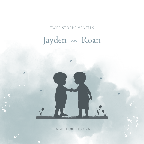 Lief geboortekaartje voor tweeling met silhouetjes van twee jongetjes