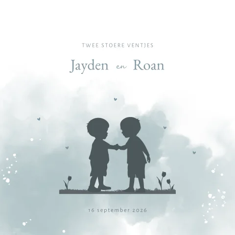 Lief geboortekaartje voor tweeling met silhouetjes van twee jongetjes