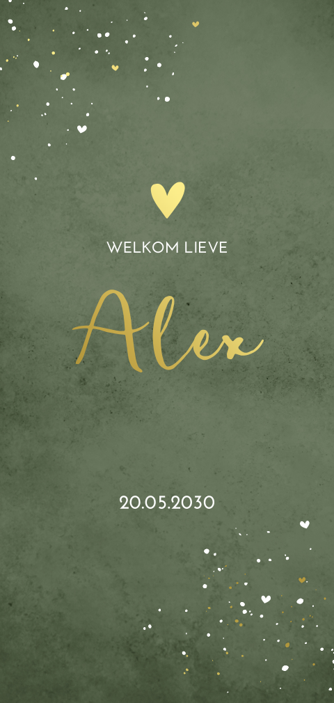 Donkergroen geboortekaartje met velvet-look en goudfolie