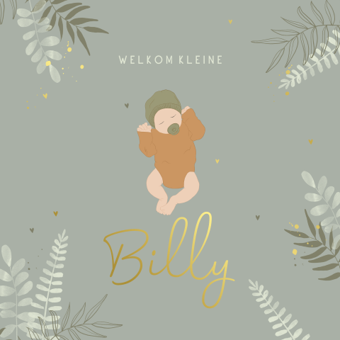 Hip geboortekaartje voor jongen met illustratie en goudfolie