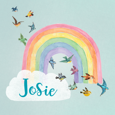 Vrolijk babykaartje met regenboog en vogeltjes