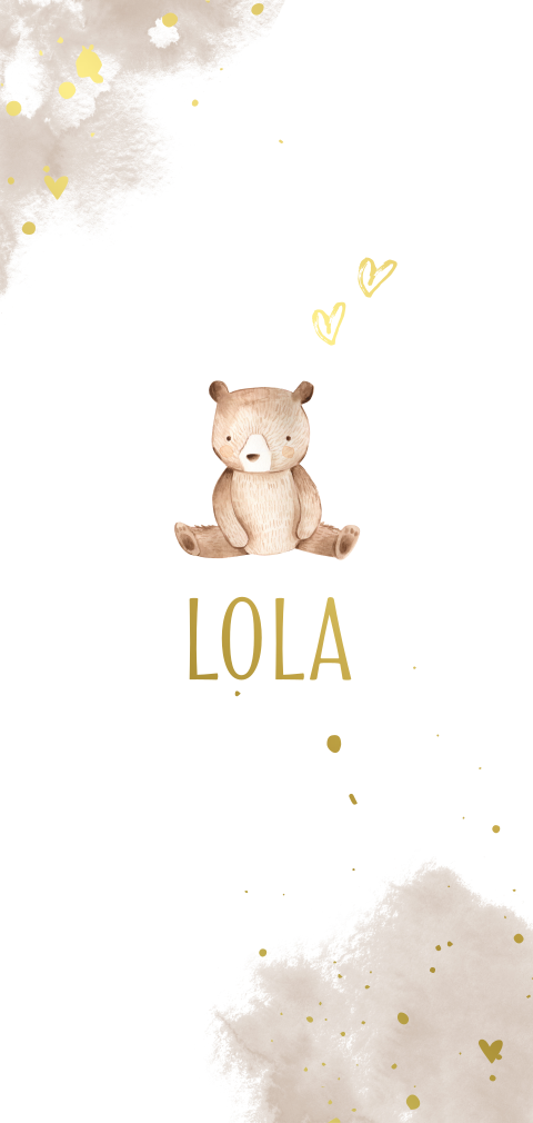 Hip goudfolie geboortekaartje voor een meisje met lief beertje