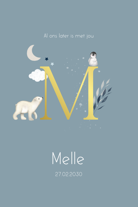 Winters geboortekaartje blauw voor jongen met goudfolie initiaal