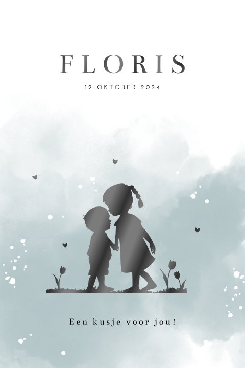 Zwart folie geboortekaartje met silhouetjes zus en broertje