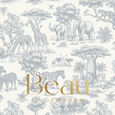 Dubbel vierkant geboortekaartje met Toile de Jouy safaridieren