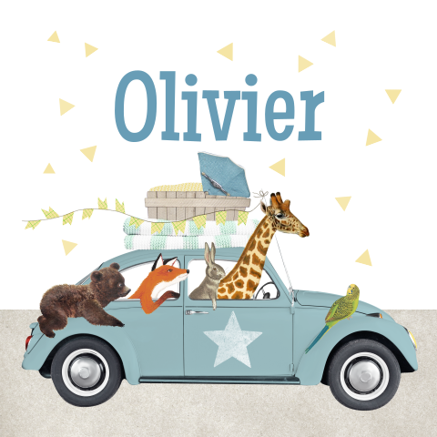 Retro geboortekaartje met dieren in auto