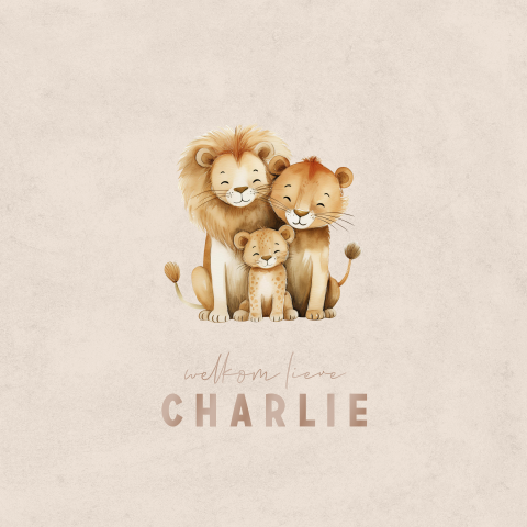 Lief geboortekaartje beige met leeuwenfamilie