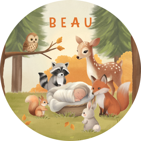 Raamsticker rond met baby in mandje, bosdieren en herfstlucht