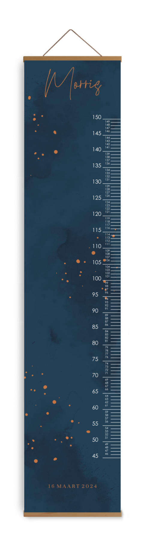 Bewerkbare groeimeter kinderkamer blauwe velvetlook met spetters