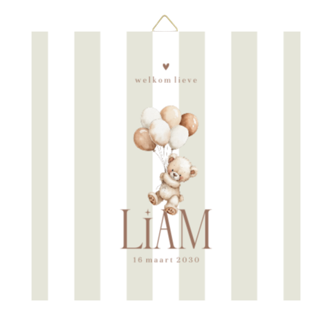 Geboortetegeltje met beertje, ballonnen en streepjes