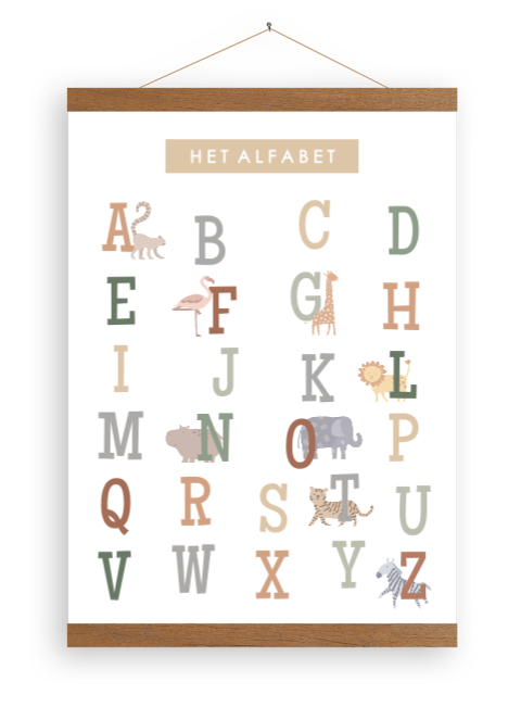 Canvasposter dierenalfabet met houtenlatjes