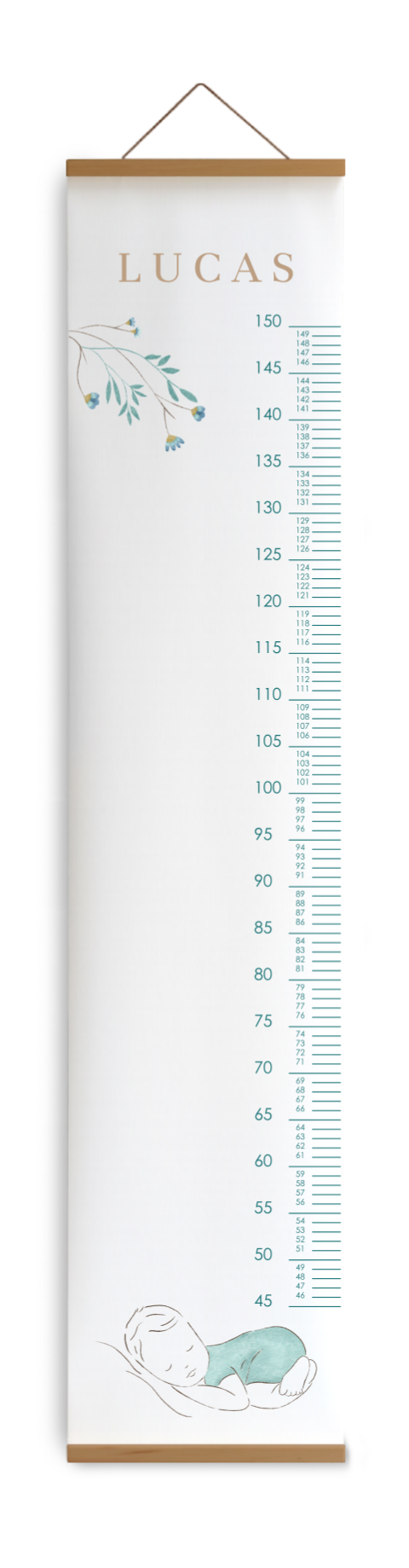 Groeimeter kinderkamer met baby lijntekening en takjes