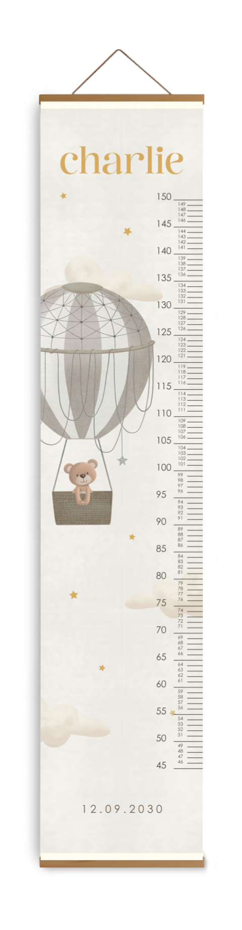Bewerkbare groeimeter kinderkamer neutraal met beertje in luchtballon