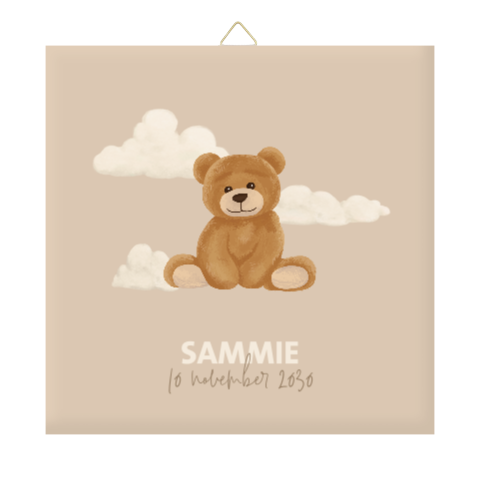 Geboortetegeltje beige met teddybeer en wolkjes