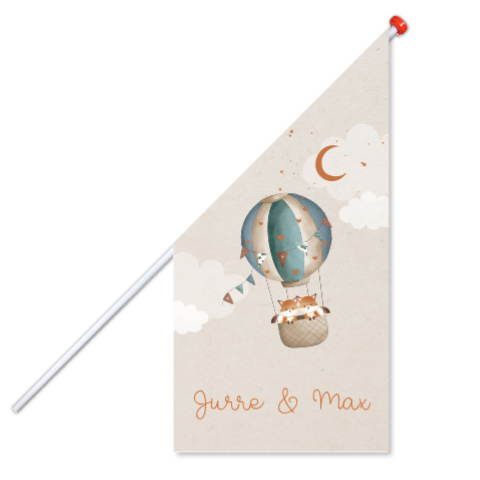 Geboortevlag voor tweeling met luchtballon en vosjes