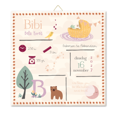 Geboortetegel geboortegegevens met wiegje