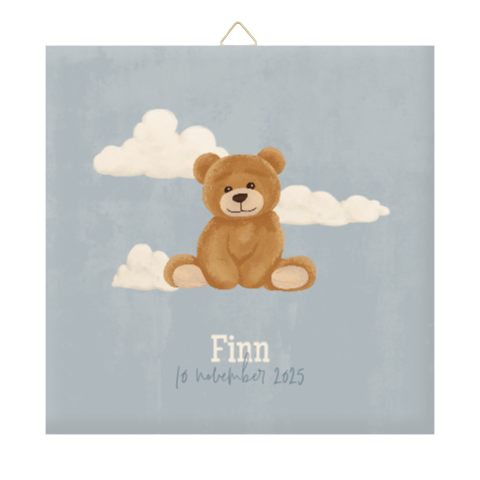 Geboortetegeltje blauw met teddybeer en wolkjes