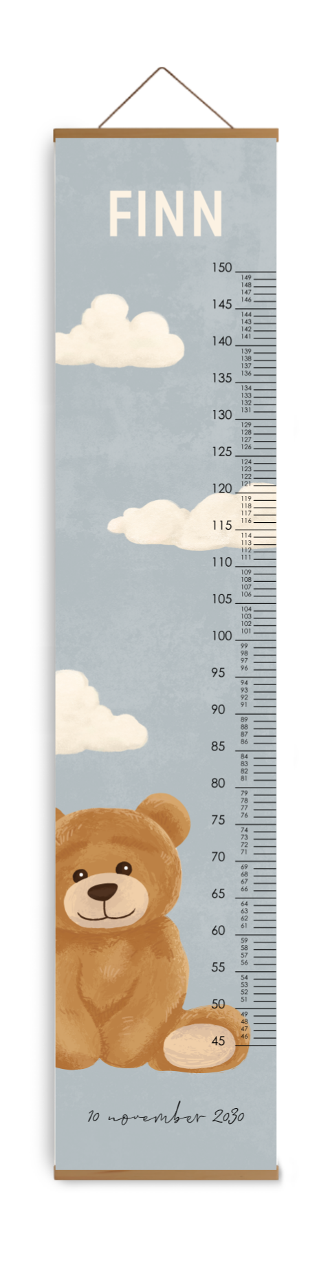 Groeimeter kinderkamer blauw met wolkjes en teddybeer