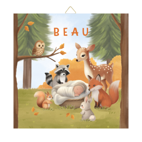 Geboortetegeltje herfst met bosdieren en blauwe lucht