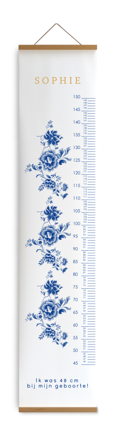 Personaliseerbare groeimeter met naam en Delfts blauwe bloemen