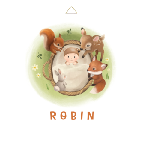 Geboortetegeltje met baby in mandje en bosdieren in gras